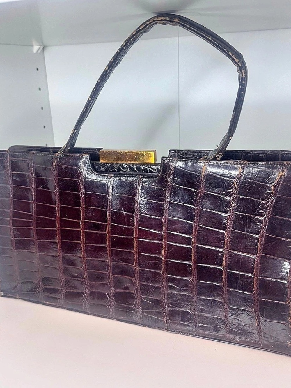 Vintage 1950s DEITSCH Dark Brown Genuine Alligator Leather Frame Handbag
